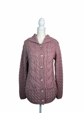 Aran Woollen Mills Pink Merino Wool Cable Knit Cardigan Women’s Medium Ireland